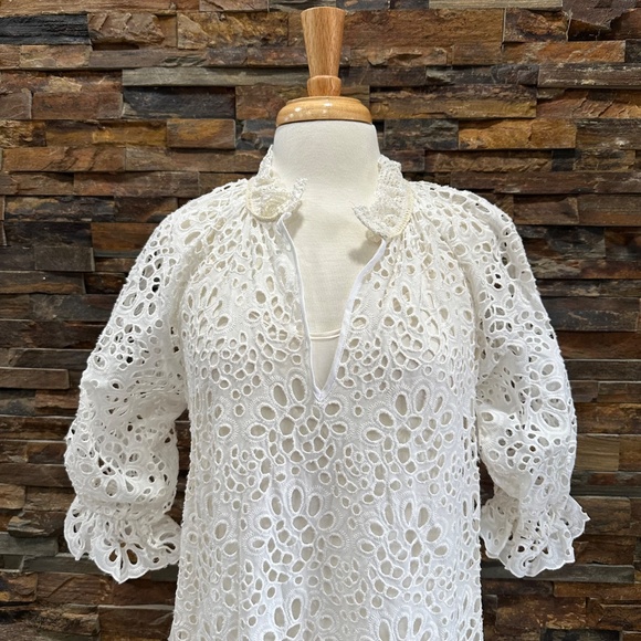 DX Collection Eyelet V Neck Pullover Dress Made in Italy White Latte NWT Size SM - Picture 3 of 10